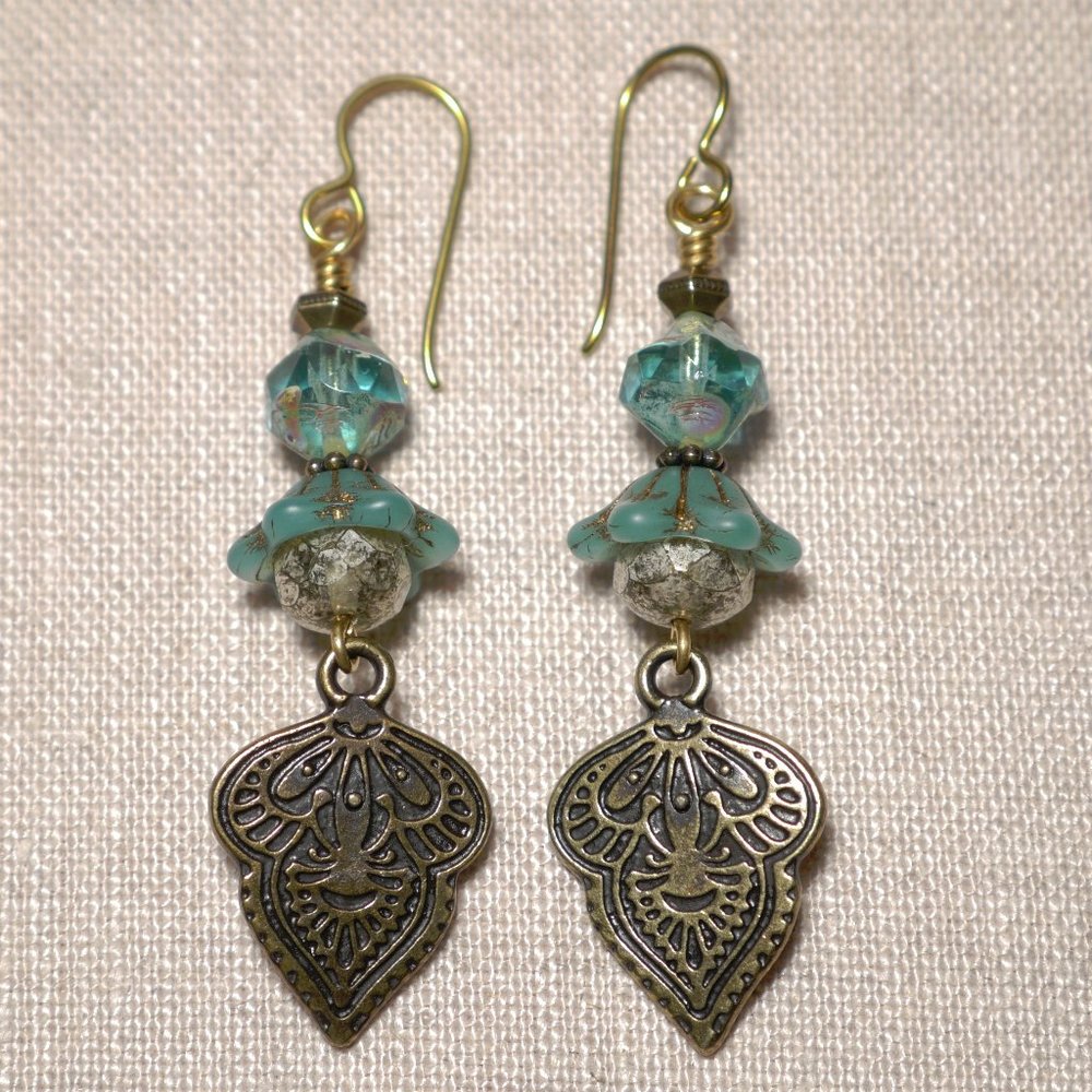 Hand Crafted Handmade Earrings Teal and Aqua Czech Glass & Brass Mehndi-…